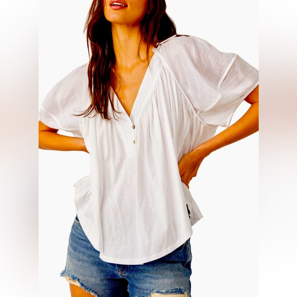 Free People Sunray Mixed Media Cotton Jersey Babydoll Top | Optic White | XL